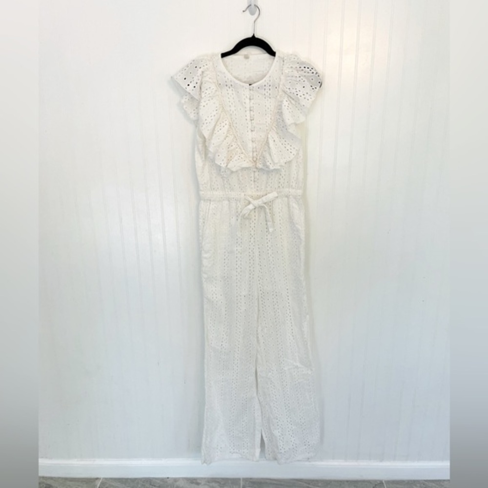 Urban Outfitters White Magnolia Eyelet Ruffle Jumpsuit - Medium
